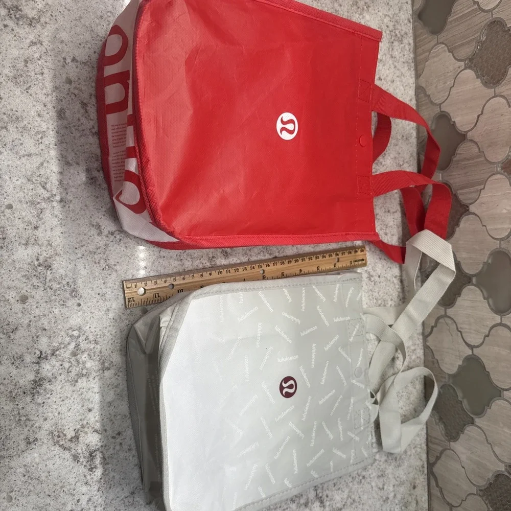 Lululemon 2 Reusable Shopping Tote Bag Red And‎ Off White Logo 12x9